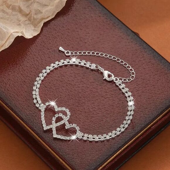 Double Heart Shaped Sparkling Anklet Modern New - Picture 4 of 5